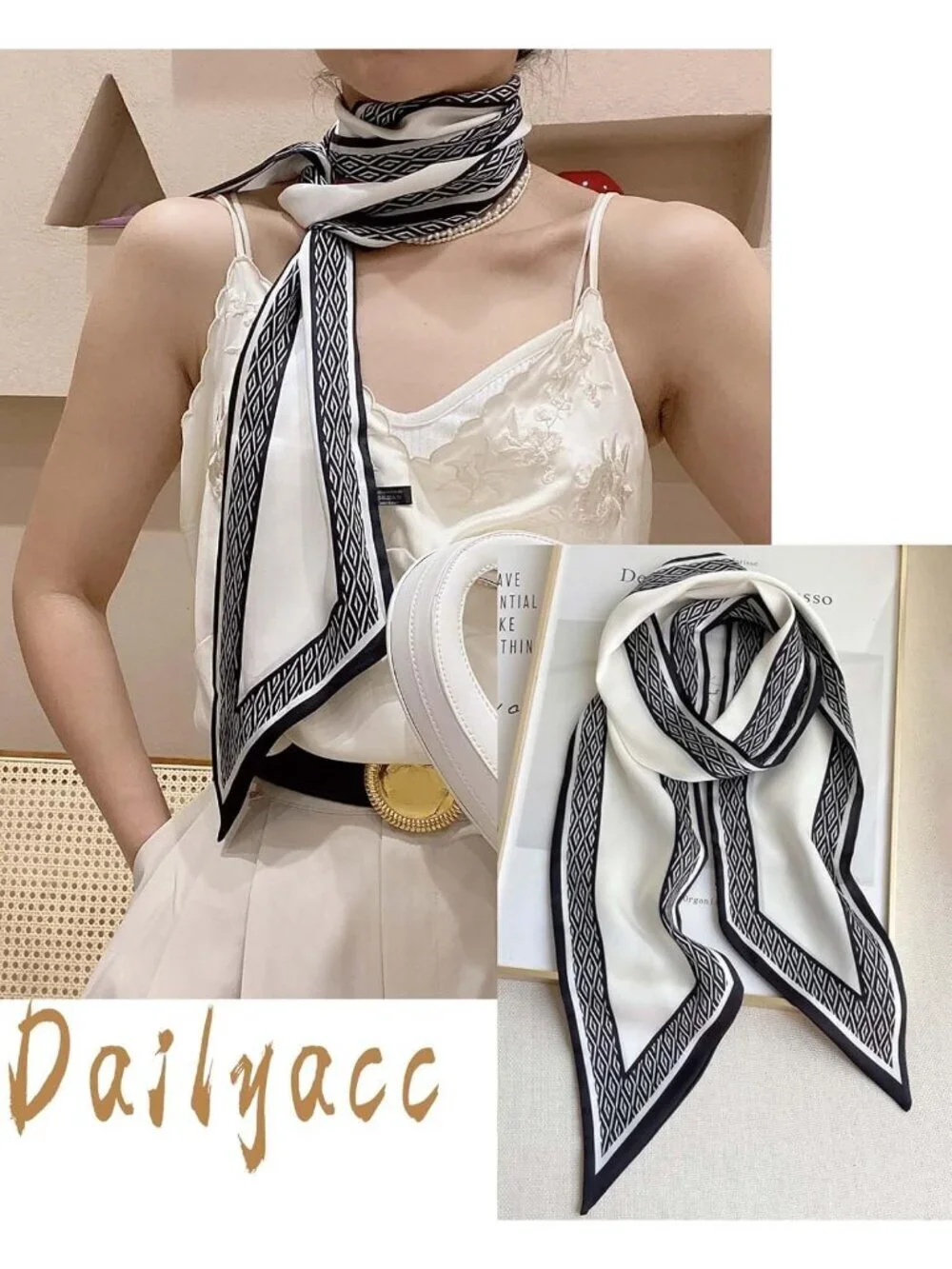 Women's Black White Strap Stylish Satin Headscarf Wrap Lightweight Scarves Scarf